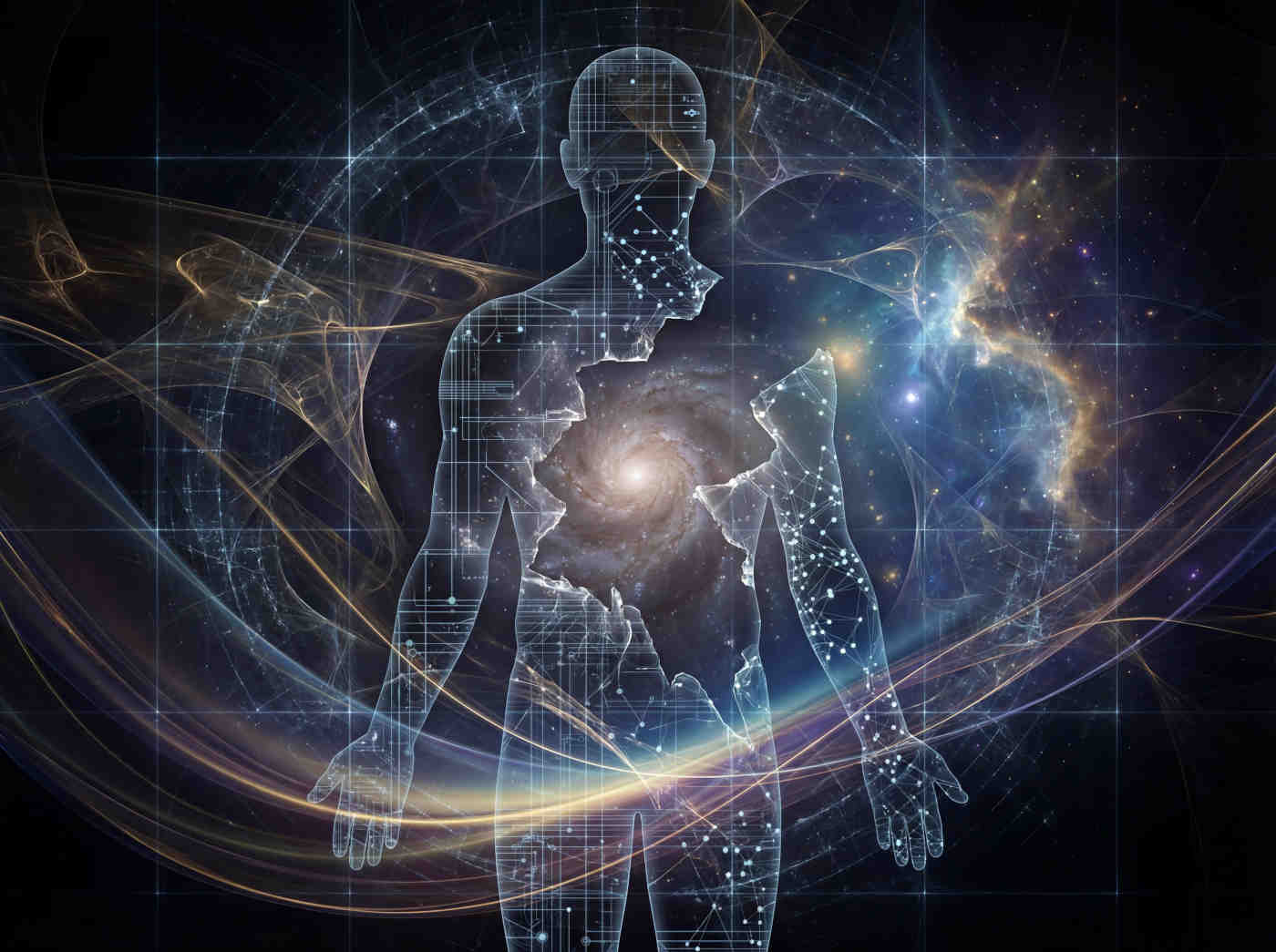 A translucent silhouette made of lines and nodes, open at the center.